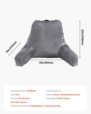 Подушка для читання VEVOR (велика) з подрібненим пінним матеріалом з ефектом пам&39яті, подушка для спини (381 x 508 x 254 мм) з 3 кишенями та коротким оксамитовим чохлом, який можна прати, верх з ручкою, для перегляду телевізора, читання, ігор