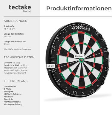 Мішень для дартсу tectake, професійний набір сталевих мішен для дартсу з 9 дротиками, 21 стрілкою та аксесуарами для сталевих дартсу, сталевий дартс, гра в дартс, дартс, мішень для дартсу