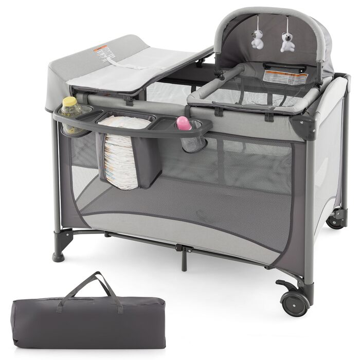 Дорожнє ліжечко 5-в-1 для немовлят з матрацом, 110 x 78 см, Ліжечко Side-by-Side з колискою та пеленальний килимок, Повний комплект дитячого ліжка для новонароджених та дітей до 36 місяців (сірий)