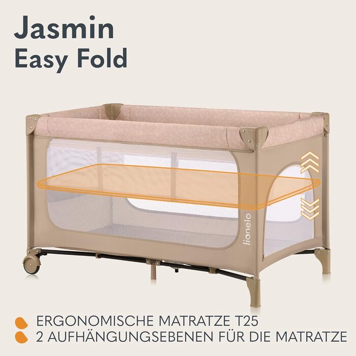 Дорожнє ліжечко Lionelo Jasmin Easy Fold для дітей вагою до 15 кг, віком від 0 до 36 місяців, матрац з пінопласту T25, 2 налаштування висоти, механізм легкого складання, бічний вхід, колеса, бежевий/пісочний