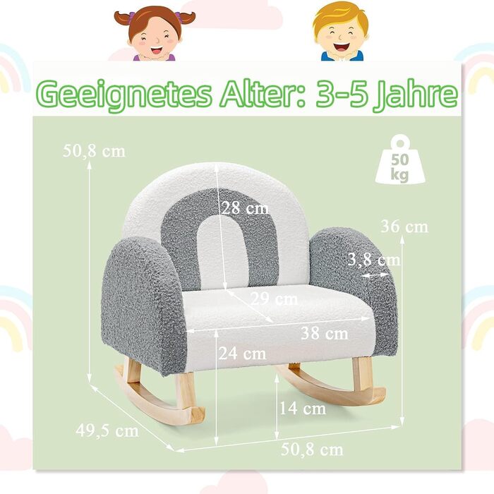 Дитяче крісло DREAMADE, Дитячий диван з велюрової тканини зі спинкою, ніжками з масиву дерева та пристроєм проти перекидання, Крісло-гойдалка для дитячої ігрової кімнати, спальні, вітальні, для дітей 3-5 років (сірий)