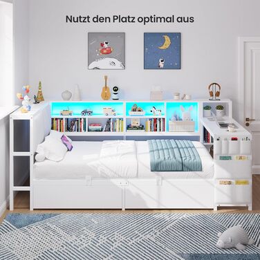 Диван-ліжко зі світлодіодним освітленням та зарядною станцією, дитяче ліжко 90x200 см зі столиком 35x112 см та двома великими шухлядами, ліжко 90x200 з кушеткою та м&39яким узголів&39ям, білий колір