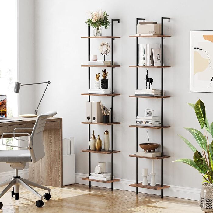 Полиця-драбина HOOBRO своїми руками, 6-ярусна настінна книжкова полиця, вузька книжкова полиця, полиця для демонстрації, полиця для зберігання, підставка для рослин, для вітальні, кабінету, вінтажний коричневий EBF651CJ01 39 x 24 x 200,5 см темно-коричнев