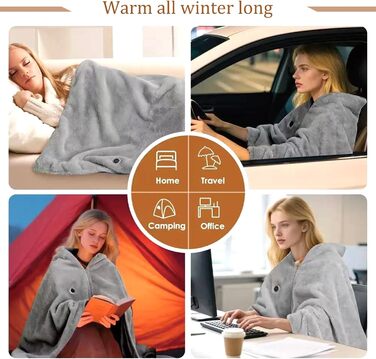 Бездротова електрична ковдра з 8-зонним обігрівом, 3 режими нагріву, подовжувач 1,5 м, хутро кролика, можна прати, електрична ковдра, яку можна носити, для дивана, офісу, автомобіля, кемпінгу, сіра