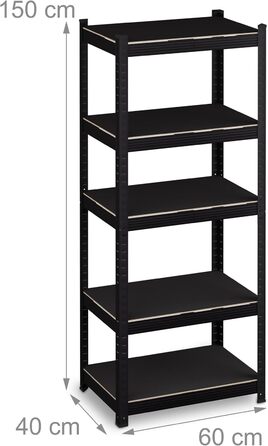 Надміцний стелаж Relaxdays, ВxШxГ 150x60x40 см, 1250 кг, 5 полиць, сталь, полиця для зберігання в підвалі, гаражі, вставного типу, чорний