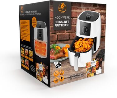 Фритюрниця KOCHWERK ємністю 5 л Смаження та точне приготування без жиру, також ідеально підходять для гриля, запікання та розігріву Можна мити в посудомийній машині та функція таймера 1400 Вт/білий