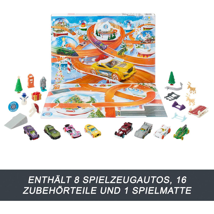 Іграшкові машинки Hot Wheels, календар на 2024 рік, 8 машинок Hot Wheels у масштабі 164, 16 зимових аксесуарів та ігровий килимок