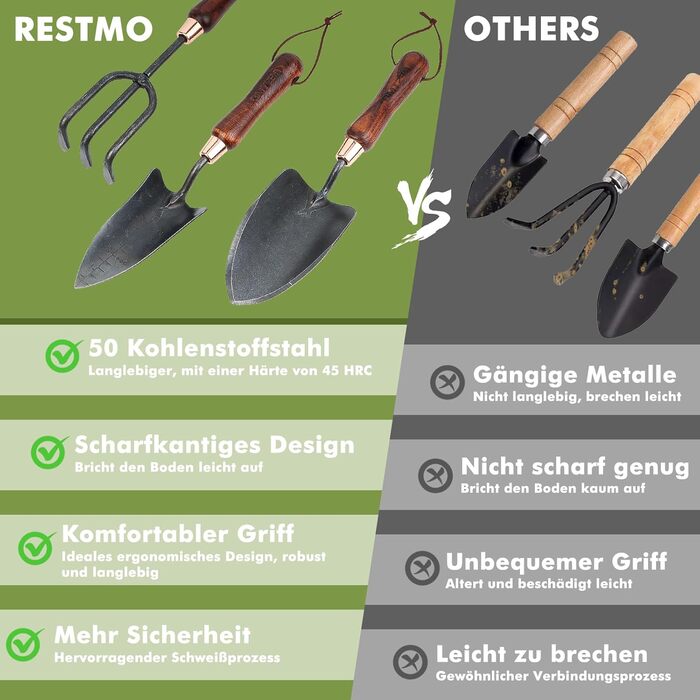 Набір садових інструментів RESTMO (3 предмети) лопата, сапа та вила з вуглецевої сталі з дерев'яними ручками. Ідеальний подарунок для садівників
