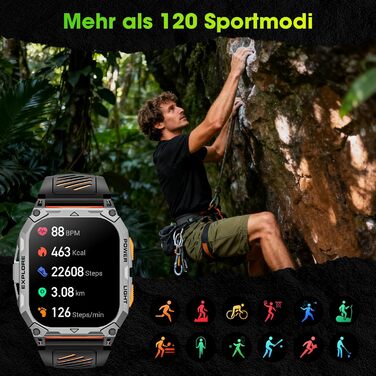 Чоловічий смарт-годинник, 2.01-дюймовий HD смарт-годинник із тривалим часом роботи батареї 1000 мАг, 114 спортивних режимів, фітнес-годинник у військовому стилі з датчиком серцевого ритму/крокоміром/монітором сну/ліхтариком, сумісний з Android iOS, помара