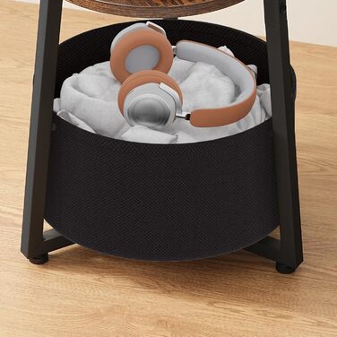 Круглий бічний столик HOOBRO, трирівнева тумбочка з полицями та тканинною кишенею, журнальний столик для невеликих приміщень, столик-диван, столик для перекусу, для вітальні, спальні, вінтажний коричневий та чорний EBFB169BZ01