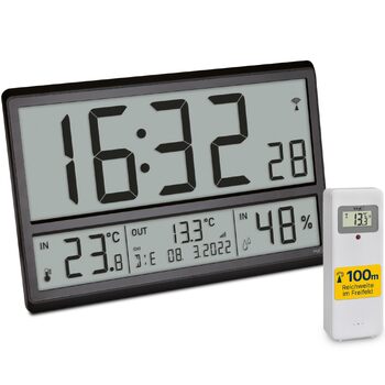 Цифровий настінний годинник TFA Dostmann Digitale XL (60.4523.01) з датчиком зовнішньої температури та клімат-контролем, радіосинхронізація, 24-годинний формат, повна дата, чорний, 360 x 235 x 28 (84) мм