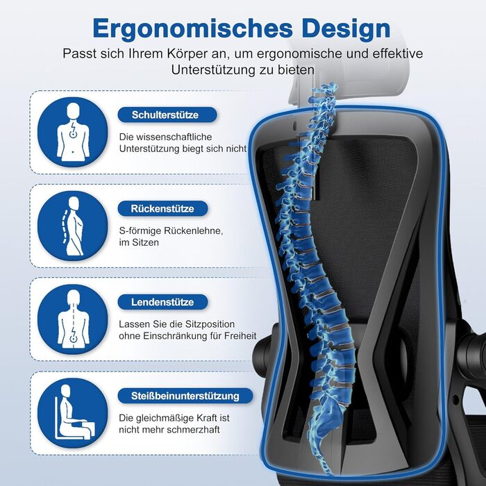 Офісне крісло, ергономічне офісне крісло з регульованим підголівником, підлокітниками та поперековою опорою, обертове робоче крісло з функцією гойдання до 135, крісло керівника, зручне для спини, вантажопідйомність 150 кг, чорний колір, модель I