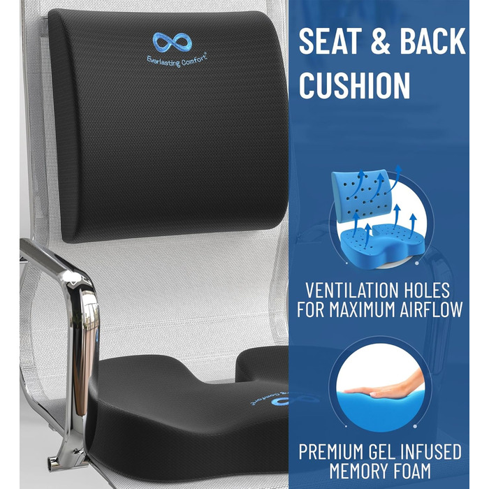 Комплект подушок для сидіння та спинки Everlasting Comfort Піна з ефектом пам&39яті з гелевим напиленням Ергономічна опорна подушка для офісного крісла, автомобіля та ігор Нековзка, дихаюча та мийна чорна гелева подушка з поперековою підтримкою