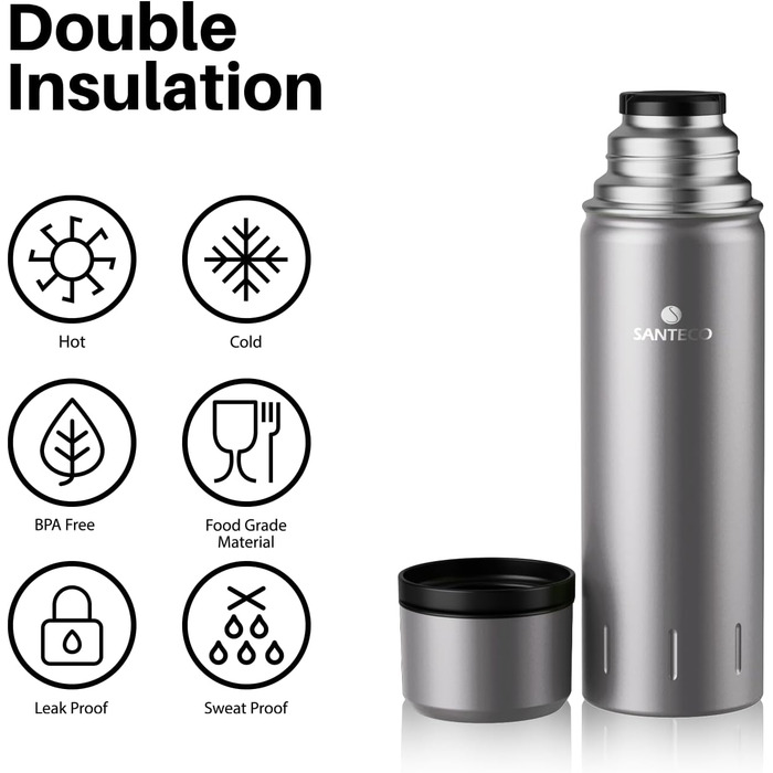 Термос SANTECO з нержавіючої сталі 1 л/1000 мл, герметична ізольована пляшка з чашкою для пиття в дорозі, термос для гарячих напоїв, кави та чаю, під час спорту, без BPA, зберігає напої холодними протягом 24 годин та гарячими протягом 12 годин, сріблястий