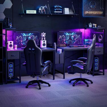 Ігровий стіл Grandder, ігровий стіл 100 см з розеткою та світлодіодним освітленням, комп&39ютерний стіл з двосторонніми полицями та шухлядою, ПК-стіл для домашнього офісу з відділенням для зберігання, чорний колір, 100 x 50 см, чорний колір