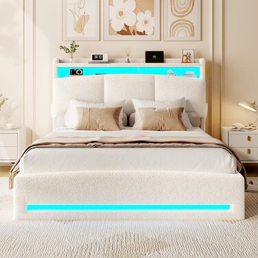 М&39яке ліжко 140x200 з розетками та світлодіодним освітленням, двоспальне ліжко з узголів&39ям для зберігання речей, ліжко 140x200 з гідравлічним металевим каркасом та дерев&39яною рейковою основою, букле, бежевий (без матраца) 140x200 см бежевий