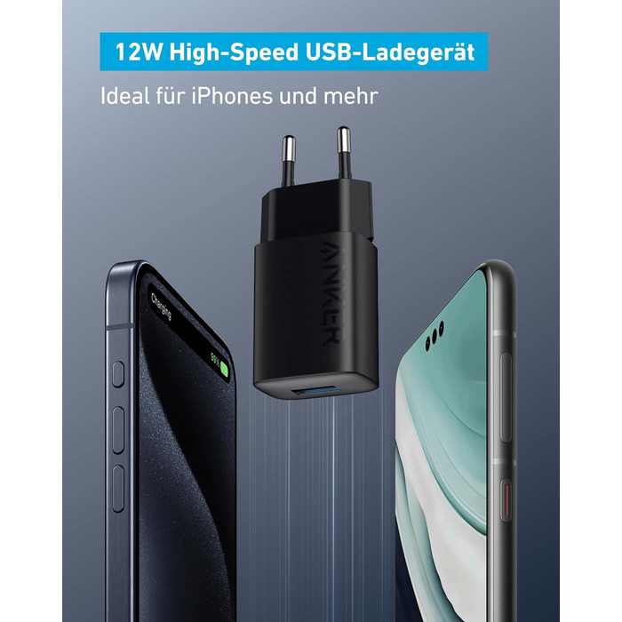 Зарядний пристрій Anker USB-A, блок живлення швидкої зарядки 12 Вт, компактний зарядний пристрій USB, сумісний з iPhone 15/14 / 13