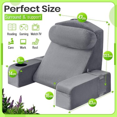 Подушка для читання для дорослих - спинка ліжка зі знімними підлокітниками, підсклянником та підсклянником для телефону - спинка подушки для комфортного сидіння в ліжку (СІРА, 53 см) Сіра 53 см