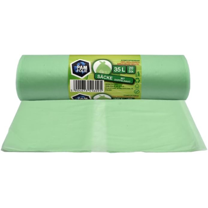 Мішки для біовідходів 35 л - 100 шт. - Компостовані сміттєві мішки - 5 рулонів - Біологічні, стійкі до розривів мішки для органічних відходів, контейнерів для залишкових відходів, кухні, офісу, вітальні