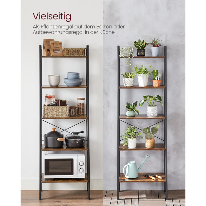 Окремостояча книжкова шафа VASAGLE з 5 полицями, металевий каркас, легке складання, для вітальні, спальні, кухні, 56 x 34 x 172 см (Д x Ш x В), вінтажний коричнево-чорний LLS45 шт. 56 см вінтажний коричнево-чорний