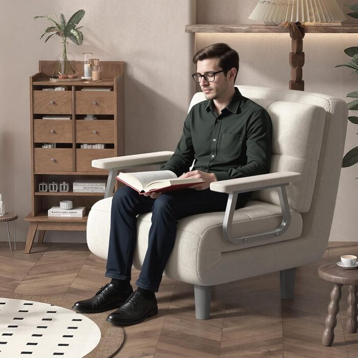 Крісло-розкладний диван-ліжко 1-місний Високий комфорт, розбирається з подушками, металевими підлокітниками та ніжками (білий)