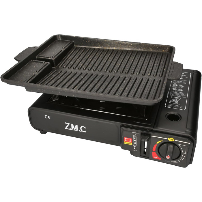 Газова плита ZMC з 1 конфоркою, включаючи адаптер для зрідженого газу та футляр для зберігання. Комплект кемпінгової плити з газовими картриджами 227 г та додатковою гриль-пластиною, для використання на вулиці та в приміщенні. Кемпінгова газова плита з п&