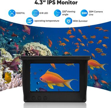 Ехолот, камера для підводної риболовлі з IPS-дисплеєм, ширококутним кутом нічного бачення 220, водонепроникний ехолот IP67, ідеально підходить для морської, річкової та підлідної риболовлі.