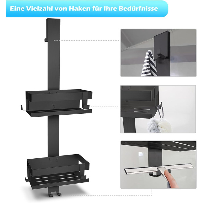 Підвісна полиця для душу з нержавіючої сталі SUS304, без свердління для скляних дверей без рами, тримач для шампуню та гелю для душу, чорний колір (Стиль А)