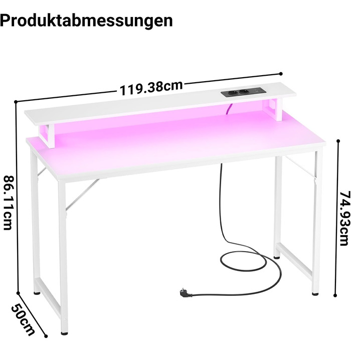 Комп&39ютерний стіл, ігровий стіл 120x50 см з RGB LED-підсвічуванням, стіл з розеткою, комп&39ютерний стіл з підставкою для монітора, маленький стіл для невеликих приміщень, кабінет, спальня, офіс, білий, 120 см