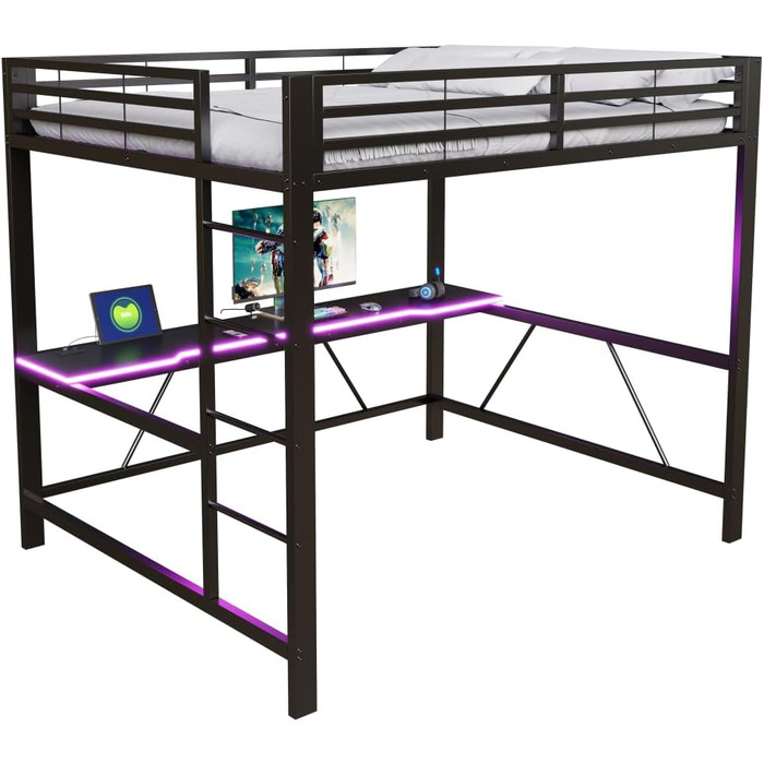Каркас ігрового ліжка-горища з письмовим столом та світлодіодним підсвічуванням, USB-станція для зарядки, металевий каркас 160x200 см, чорний