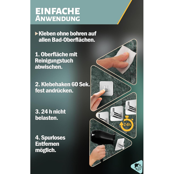 Рушникосушка Menz без свердління НАБІР 6 - гачки для рушників ванна з нержавіючої сталі, класичні функціональні гачки самоклеючі -