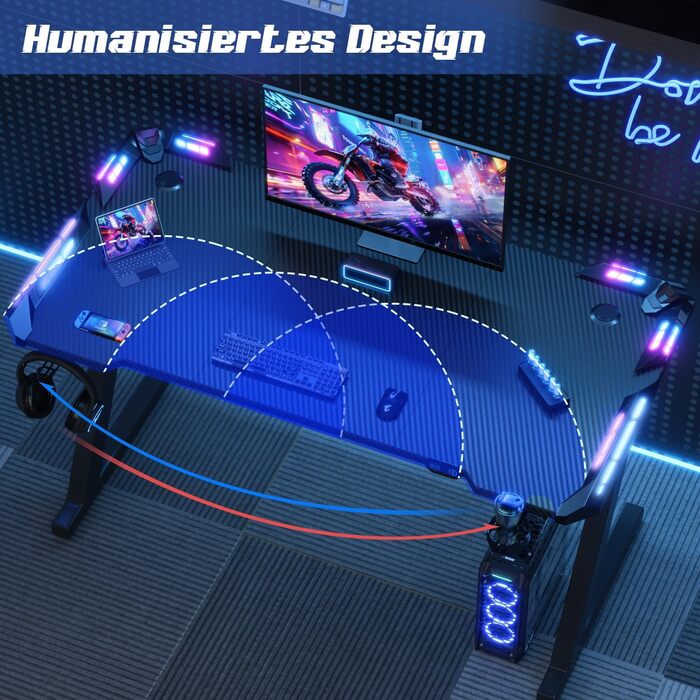Ігровий стіл Devoko 120 x 60 см, ігровий стіл зі світлодіодним підсвічуванням, поверхня з вуглецевого волокна, ергономічний ігровий стіл з тримачем для напоїв, гачок для навушників, міцний комп&39ютерний стіл