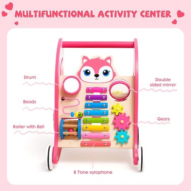 Дерев&39яні дитячі ходунки з іграшками Монтессорі, гумовими шинами, сортувальником фігур, шестернями, дзеркалами, ксилофоном та барабанами, підходить для дітей від 9 місяців, рожевого кольору