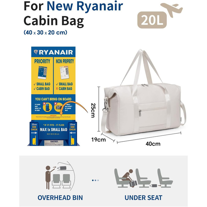 Ручна поклажа Narwey Ryanair 40x30x20, Маленька спортивна сумка для подорожей, Ручна поклажа, Сумка для літака для жінок, Дорожня сумка Weekender Men 20L (Бежева) Бежева 40 x 25 x 19 см