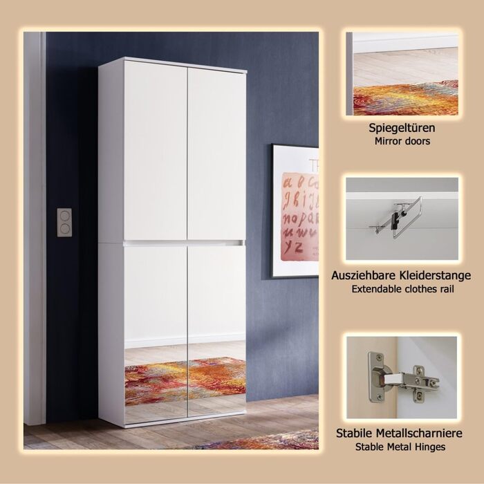 Дзеркало - Шафа - Біла - Багатофункціональна шафа з великою кількістю місця для зберігання - (Ш x В x Г) 74 x 191 x 34 см - анга для одягу та 6 полиць, 4 дверцята