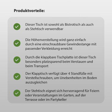 Складаний стоячий стіл 2-в-1, бістро-стіл, стіл для вечірки, регульована висота 70 см / 115 см, алюміній, круглий Ø 60 см, вуличний барний стіл, пивний стіл, садова вечірка