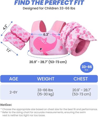 Дитячий плавальний жилет Gogokids з крильцями для плавання для дітей віком 15-30 кг, сертифікований засіб для плавання EN 13138-1 для дітей віком 2-6 років, плавальна локшина для малюків з крильцями для басейну, пляжу та плавання, світло-рожевий