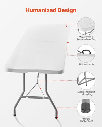 Розкладний фуршетний стіл VEVOR, портативний універсальний стіл, 244 см, прямокутний пластиковий стіл (для 6-8 осіб) з інтегрованою ручкою, садовий стіл, кемпінговий стіл для вечірок, пікніків, кемпінгу, білий