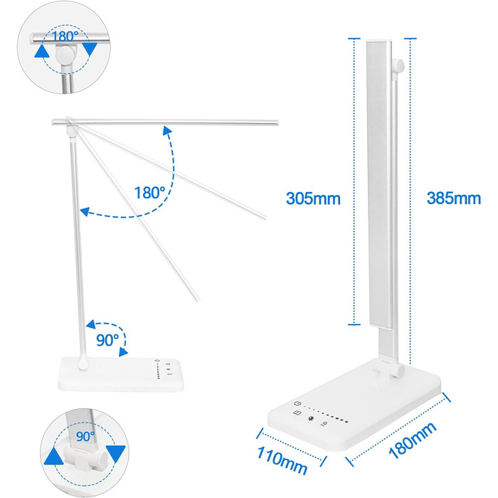 Настільна лампа KYOTECH Світлодіодна лампа з регулюванням яскравості 5 кольорів і 10 рівнів яскравості Настільна лампа з сенсорним керуванням, функцією пам'яті Приліжкова лампа Таймер USB Порт для зарядки смартфона