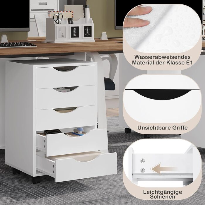 Контейнер на колесах WOLTU з 5 шухлядами, мобільна шафа для документів на колесах, блок з шухлядами, офісна шафа, офісний контейнер, тумба для столу, для домашнього офісу, білий, 40x66,5x40 см, ASK14ws