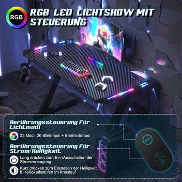 Ігровий стіл JUMMICO зі світлодіодним освітленням, ігровий стіл RGB, міцний комп&39ютерний стіл для домашнього офісу та геймерів, ігровий стіл з тримачем для навушників та підсклянником, 120 x 60 см, чорний 120x60см