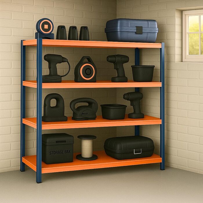 Потужний стелаж KARAT XXL, синьо-помаранчевий 200 x 180 x 60 см, стелажі для гаража, підвалу та майстерні - безболтові стелажі, широкопрохідні стелажі, підвальні стелажі, стелажі для майстерні (TitanRack Big)