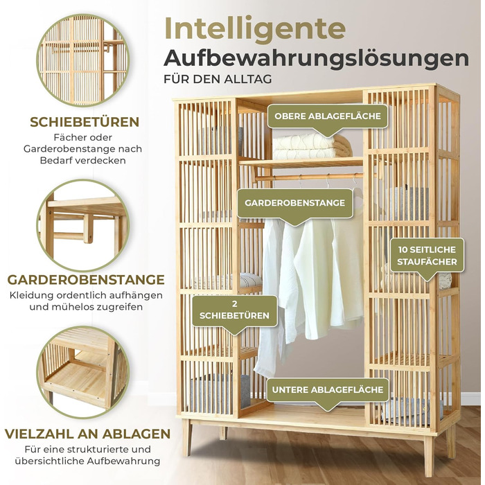 Вішалка для одягу Hudiksvall з рейкою для одягу, 2 двері, підставка для шафи, полиця для взуття, стояча шафа, 185 x 140 x 45 см, бамбукова шафа