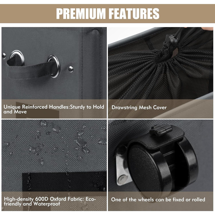 Дюймові великі складні кошики для білизни з колесом, складні мішки для білизни, мішок для одягу (темно-сірий, M) ONE-WAY Dark Grey