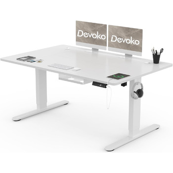 Регульований по висоті стіл 140x80 см з портом для зарядки USB-A, Мобільний електричний комп'ютерний стіл з лотком для кабелів і 3