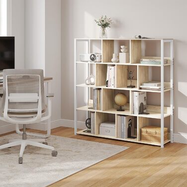 Окремостояча полиця eSituro, 4-ярусна книжкова шафа, полиця для зберігання, кухонна полиця, кутова полиця, окремостояча полиця з пристроєм проти перекидання, виготовлена з металу, 120x30x120 см, світлий дуб білий