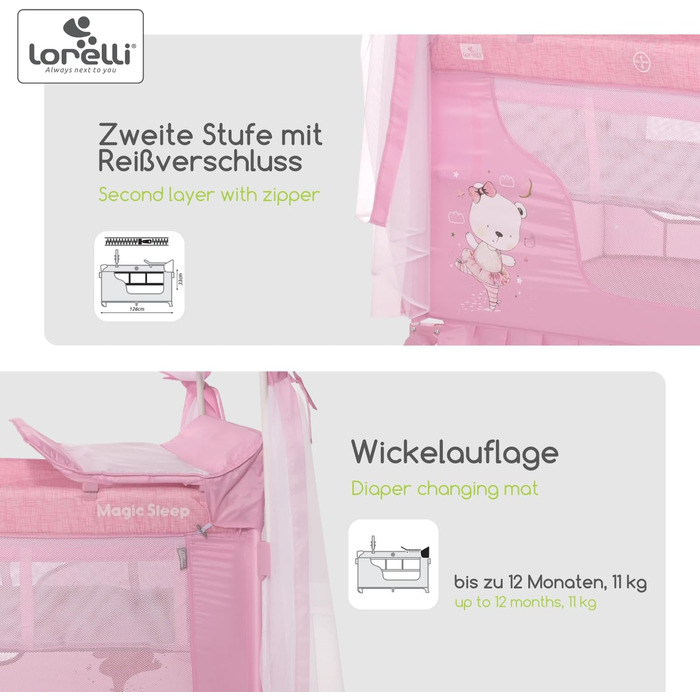 Дитяче ліжечко та манеж Lorelli 3-в-1, ліжко-балдахін Magic Sleep з 2 рівнями, ліжечко від народження, дитяче дорожнє ліжечко, пеленальний килимок, колеса, сумка, рожевий