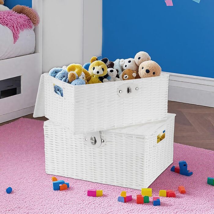 Набір із 3 білих плетених кошиків для зберігання з кришками та замками, плетені кошики для білизни з кришками, кошики з білої лози з лози з смоли для подарунків, одягу, маленькі/середні/великі