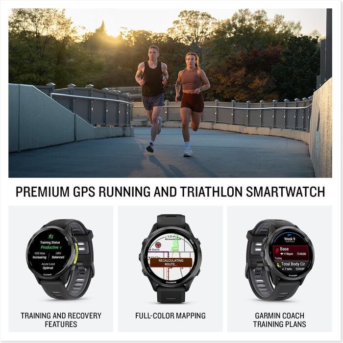 Розумний годинник Garmin Forerunner 970 Premium GPS для бігу та триатлону, AMOLED-дисплей, вбудований світлодіодний ліхтарик, карбоново-сірий DLC титановий колір з чорним корпусом та чорним напівпрозорим ремінцем з білого каменю