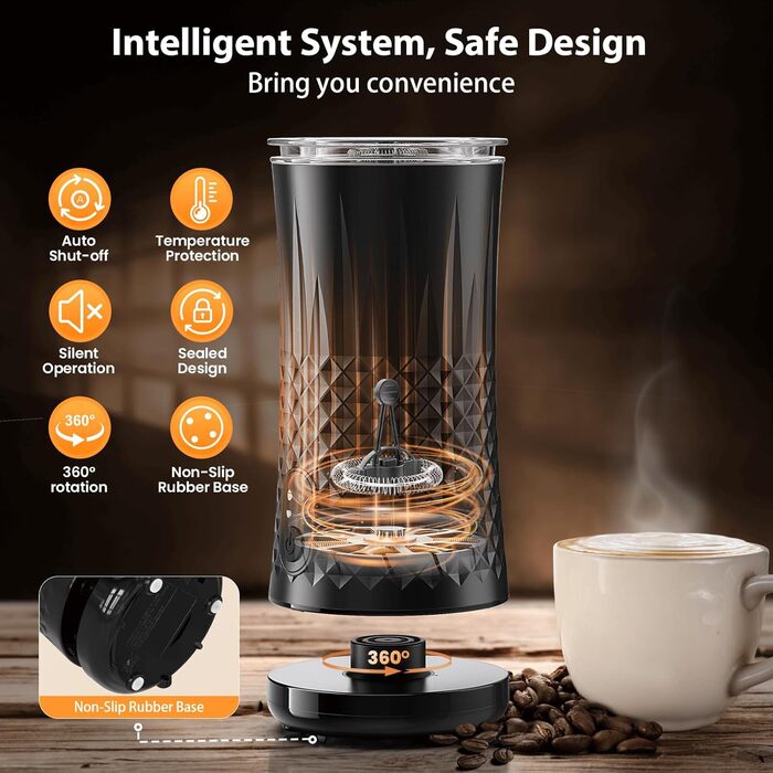 Електричний спінювач молока, HAPPHOOH 4-в-1, швидкий спінювач гарячого та холодного молока, з 2 віночками, контейнер для молока з